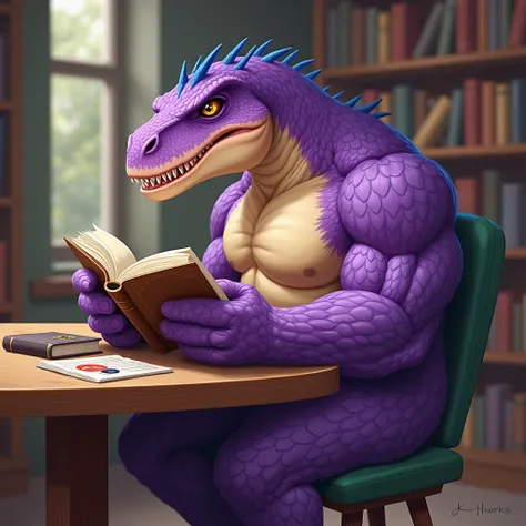 Purple muscular velociraptor furry jock without clothes sits on a green stool at a library table reading a brown cartoon-style book