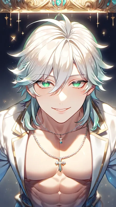  absurd,  Hi-Res, Super detailed,  Hi-Res,  Masterpiece」, Best Quality,   detail face , Elegant Features,  detail eyes , Long silver hair, expressive green eyes , His eyelashes are silver , The S-class I raised, Alone,  sexy man,  handsome, Adult face, Smi...