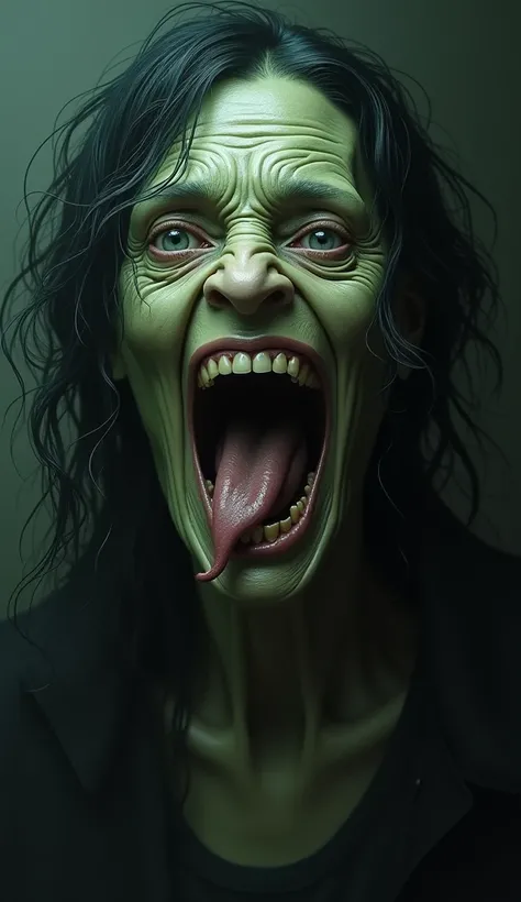 A creepy image of an old womans face with pale green complexion, large empty eyes, and a long tongue dangling out of her mouth.  His hair is black and long, tangled. The background is dark and gloomy.  The image style resembles a digital illustration with ...