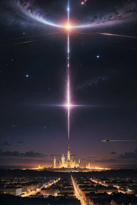 A fantasy city floating in the sky, surrounded by planets, clouds, and glowing purple energy trails. Massive, ornate celestial architecture with detailed spires and structures. The city is lit by the light of the stars, creating a dreamlike and otherworldl...