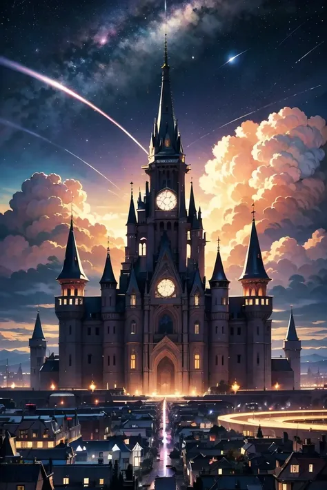 A fantasy city floating in the sky, surrounded by planets, clouds, and glowing purple energy trails. Massive, ornate celestial architecture with detailed spires and structures. The city is lit by the light of the stars, creating a dreamlike and otherworldl...