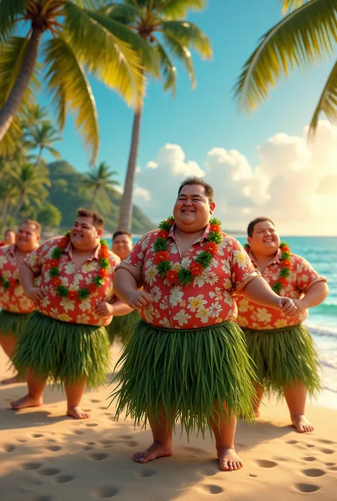 Fat men dancing hula on the beach。Realistic image 。