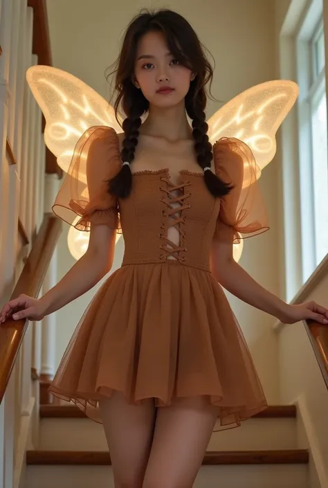 

"Create an image of a young woman standing on a staircase indoors, wearing a brown mini Lolita-style dress. The dress has a fitted bodice with a lace-up detail in the center, puffy sheer sleeves, and a short flared skirt that falls above the knees. Her s...