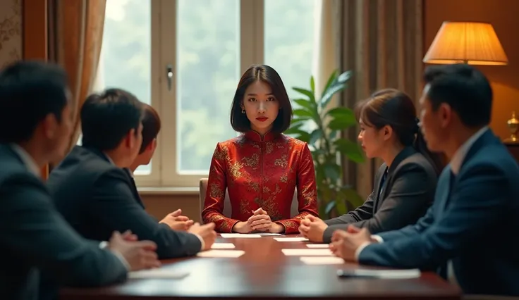 The image of a team of ready reporters, meeting with a female reporter with shoulder-length hair, wearing a traditional floral-patterned ao dai, the meeting room setting is bright and solemn, the colors and lighting are realistic, the raw materials, the or...