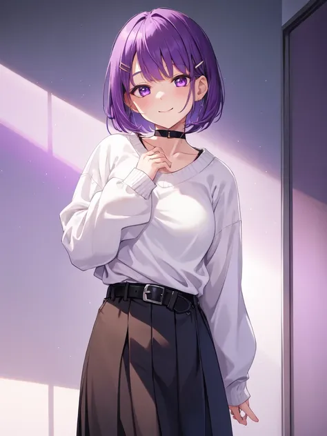  1 girl, solo, Purple Hair, Bob Hair,  medium breasts, white crew neck sweater, black skirt,Black belt, black choker, hair clips,Slanted Eyes, Light purple eyes, close your mouth, happiness/joy,  seductive smiles from all around, Looking up, standing ,Put ...