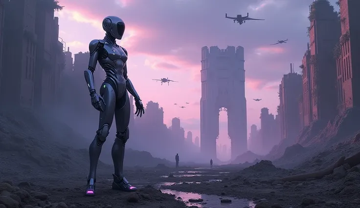 Picture a vast, demolished alien landscape under a surreal sky of purples and electric blues, where towering remnants of a super-advanced civilization stand fractured and decayed.A hyper-realistic image of a futuristic humanoid robot standing confidently i...