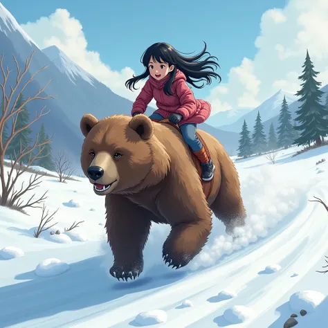 girl( long black hair , Lasts popular ainu, smiling)  sitting on a big brown bear running at great speed through wild nature( snowy mountains ) of Hokkaido , dynamic camera angle ,  powerful composition , concentrated lines,  scattered snow ,great landscap...