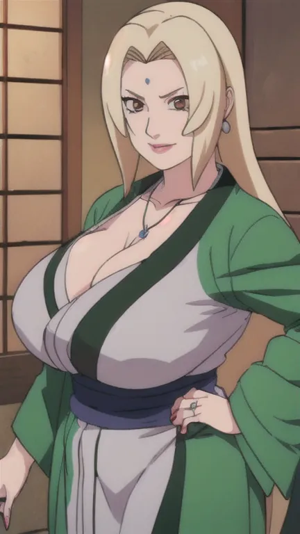 tsunade senju,saggy big breast,aging,wrinkle in face,cleavage,low big bun hair,pearl earring,tsunade pendant,wedding ring,green ...