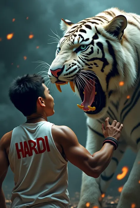 A dramatic scene of a handsome, muscular Taiwanese teenager in a dynamic pose, ready for action, with a large, aggressive white tiger roaring behind the man. The tigers mouth is wide open, showing its sharp teeth, and its sharp blue eyes add to the sharp i...