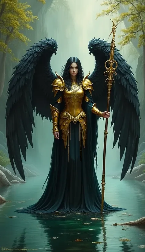  oil painting,  the image depicts a mature woman with black hair and green eyes,  wearing golden armor and holding a magic staff , black wings on their backs, standing in the middle of a lake 