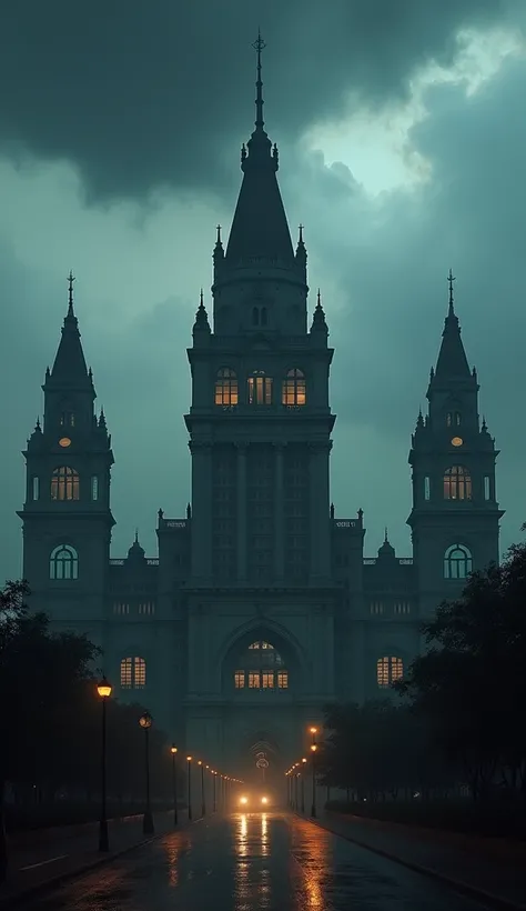 "A split image showing the famous Taj Mahal Palace Hotel, Oberoi Trident, CST station, and Nariman House. The images should have an ominous feel, with dark clouds looming over the landmarks, signifying the looming threat."
(High quality HDR detail)