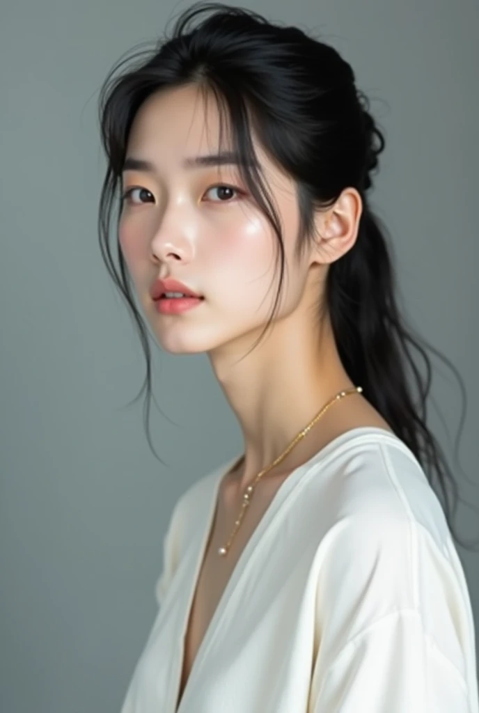 A beautiful and realistic male
I want it to be as realistic and beautiful as the beauty of Koreans

A young man wears white and white clothes. He has long hair, the color of black tied

 And beautiful eyes .  It seems that he is wearing the necklace . The ...