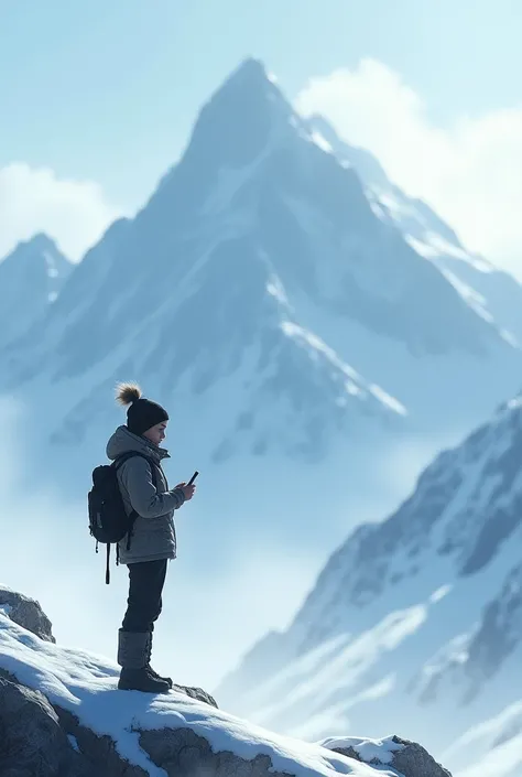 Girl standing on mountain waiting for network in cell phone 