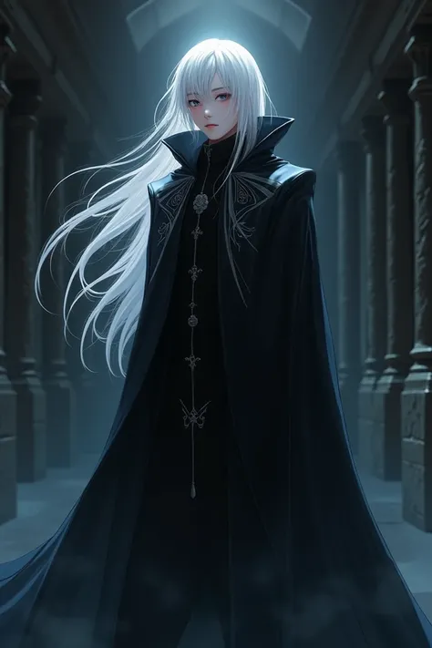  Young Man Anime Long Hair White, Long Black Cloak Dark Side 