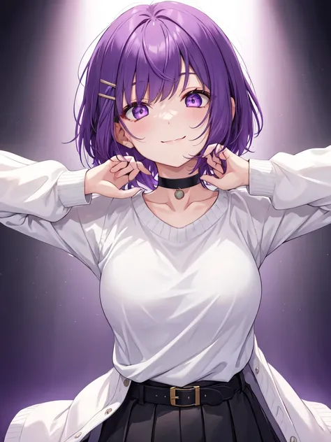  1 girl, solo, Purple Hair, Bob Hair,  medium breasts, white crew neck sweater, black skirt,Black belt, black choker, hair clips,Slanted Eyes, Light purple eyes, close your mouth, happiness/joy,  seductive smiles from all around, Looking up, standing ,Put ...