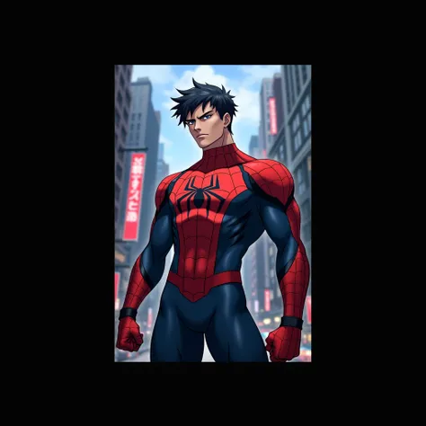 Cheveux noir, spiderman, muscle, haut detail, style anime, sur un toit, arriere plan new york, costume spider man, Gojo Satoru