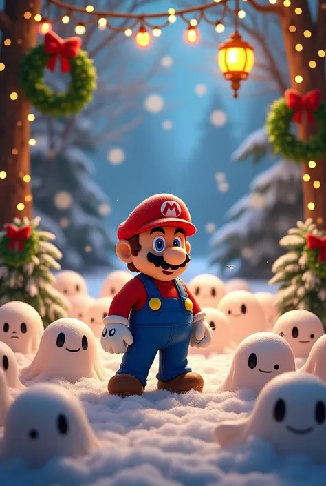 Mario surrounded by ghost Boo in Christmas decor 