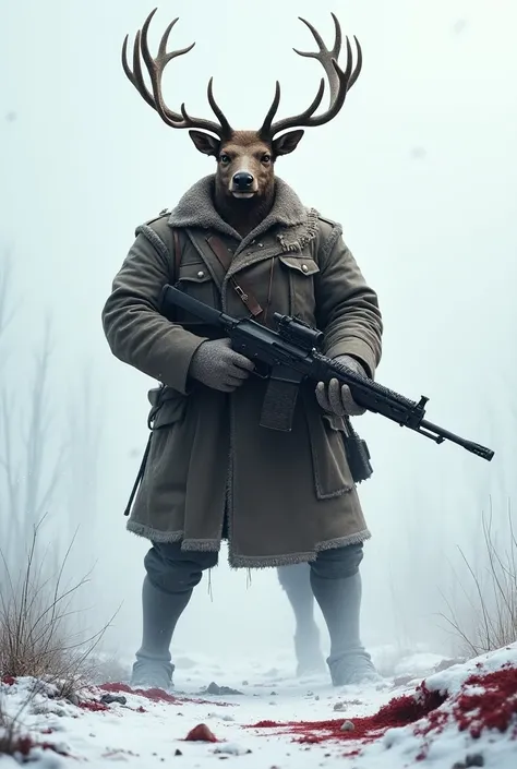 Imagine a very large and super strong Siberian deer it is standing holding a machine gun ,  he is dressed in a Russian army uniform soiled with blood on a battlefield with snow and blood 