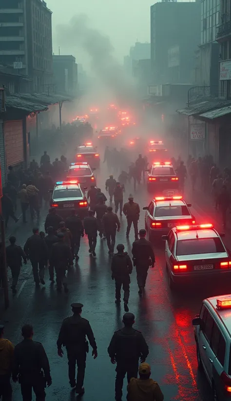 "A chaotic scene with police, security forces, and civilians in panic. The street is filled with flashing lights of police vehicles, smoke rising from a nearby building, and people running for safety."
(High quality HDR detail)