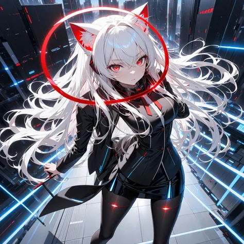 masterpiece, highest quality, highest resolution, clear_image, detailed details, white hair, long hair, 1 girl, cat ears, red eyes with a red ominous flare/glare, futuristic halo, black office jacket, black silk mini pencil skirt, white scarf around the ne...