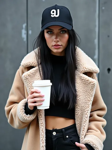 a fashionable close-up of a woman blue eyes, super long super straight dark black hair wearing a cozy winter outfit in an urban setting. She has an oversized beige shearling coat with a thick collar, adding warmth and texture. Underneath, she’s dressed in ...