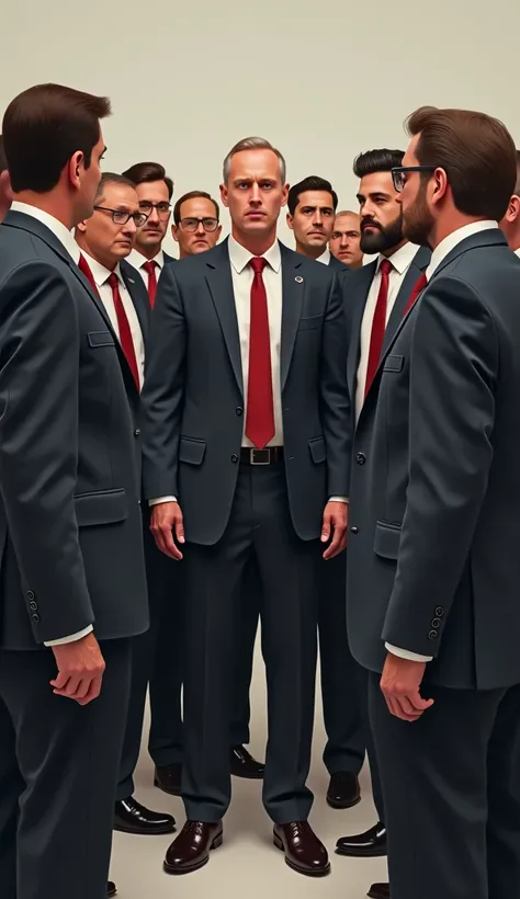 Several ordinary people looking at a single man in a suit, he is a politician and the people are the people, deal with the vigilance that the people have to have with politicians in this image