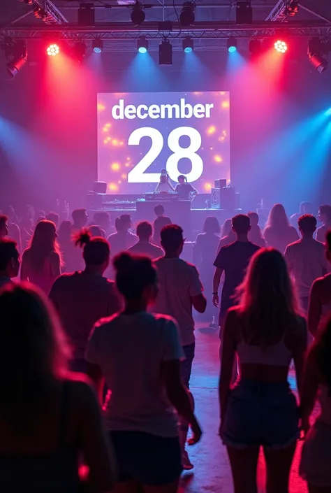  Create me a photo of a party with people dancing and behind the DJ on the screen the inscription "party December 28 "