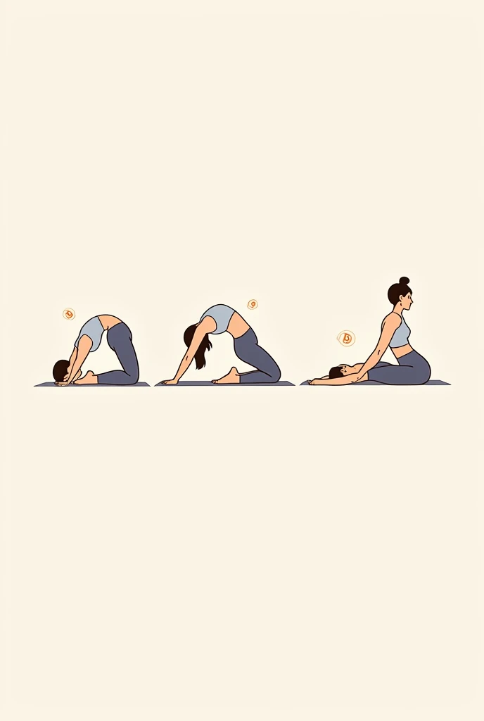 Vector illustration showing a sequence of yoga poses for stress relief.

s Pose (Balasana): Person kneeling with a stretched back, lowering chest and forehead to the floor, arms extended forward. Calm and peaceful atmosphere.
Cat-Cow Pose (Marjaryasana-Bit...