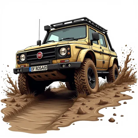 Make UNO FIAT , off-road e snorkel.  Its on a narrow path and deep in mud,  car this dirty with mud .  white background, png image.  ((comic drawing)), ((HQ)).