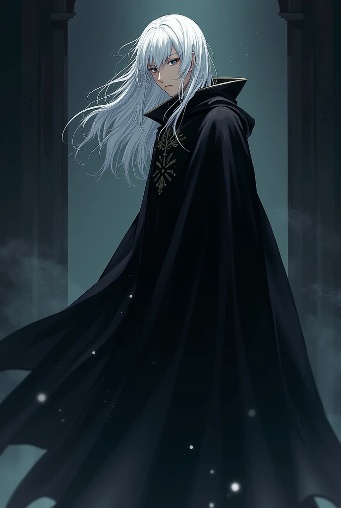  Young Man Anime Long Hair White, Long Black Cloak Dark Side 