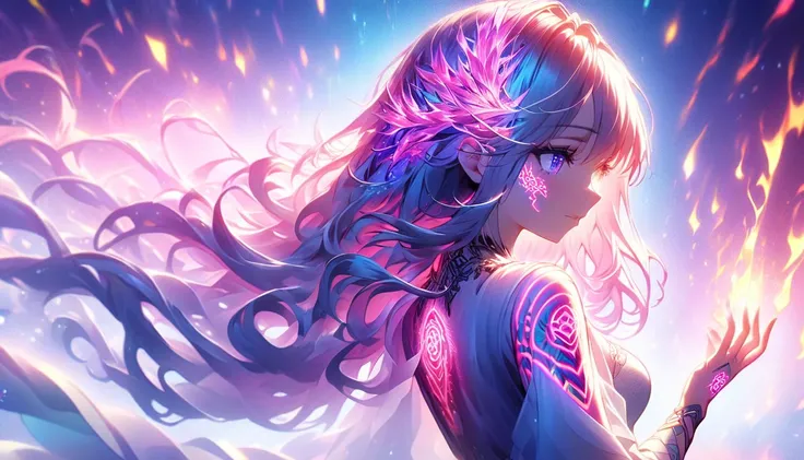  animation screenshot、 artistic animated illustration of a woman with a glowing neon geometric dragon tattoo all over her body and face。Arm and leg tattoos、 red mixture , purple and fire 。、 emitting neon lights 。She has been a long time,  Flowing Hair 。、、 ...