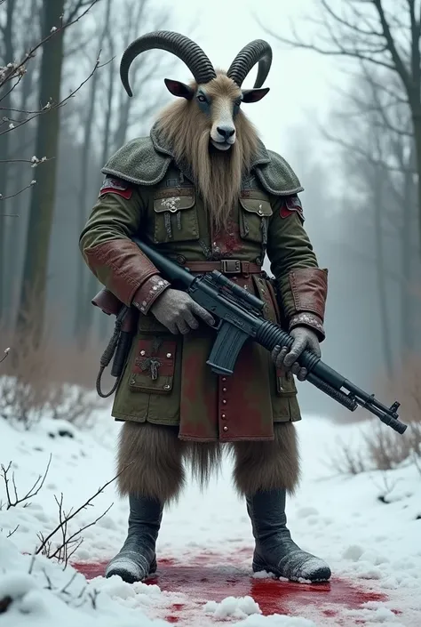 Imagine a very big and super strong goat hes standing holding a machine gun ,  he is dressed in a Russian army uniform dirty with blood in a forest with snow and blood 