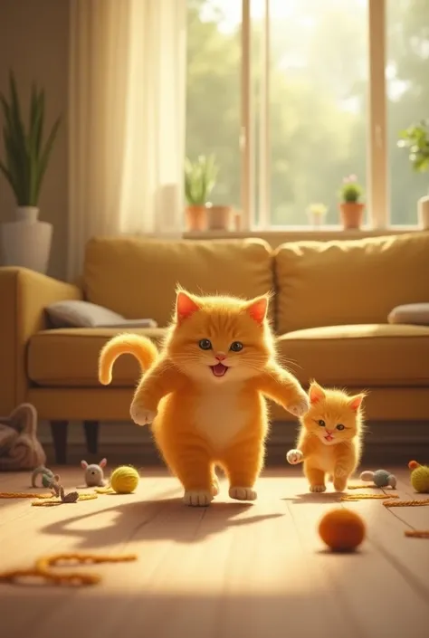 Give vivid image of  "Father cat (yellow color) and baby cat (yellow color) are playing in the living room, surrounded by playful items like yarn balls and toy mice. Father cat playfully chases baby cat, who’s looking excited and full of energy, while the ...