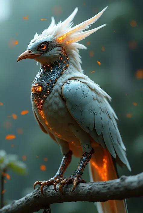 Imagem 4D ultra realista, A highly detailed futuristic bird rendered with intricate mechanical and biological features. The birds body combines advanced technology and nature-inspired design with a metallic, robotic aesthetic. It features solar-powered fea...