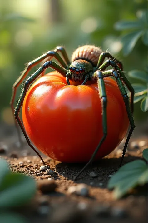 Sure! Heres a detailed prompt for generating that image:

"An imaginative scene where a spider, with delicate, intricate webs, is magically transforming a ripe, red tomato. The tomato appears to be in mid-transformation, with parts of it morphing into a sp...