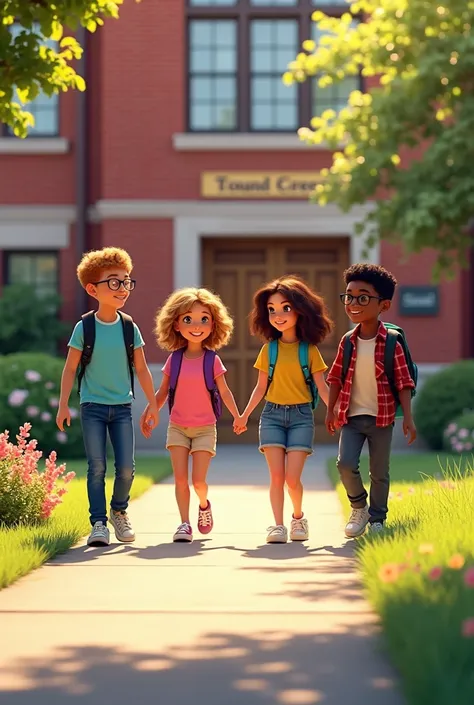  Create a scene vibrant and welcoming in which four ren , Alice, William, eduardo e Valentina,  leaving school on a sunny afternoon day .
 Character details :
Alice: has light brown hair, Curly and long ,wear,   a pink t-shirt and jeans .  Her backpack is ...