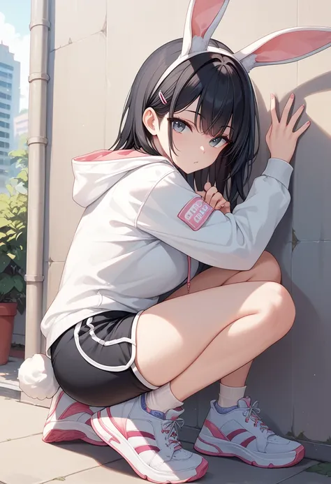 Put on a hoodie,Bunny ears, sneakers, girl,It rests against a wall,Shorts, black hair