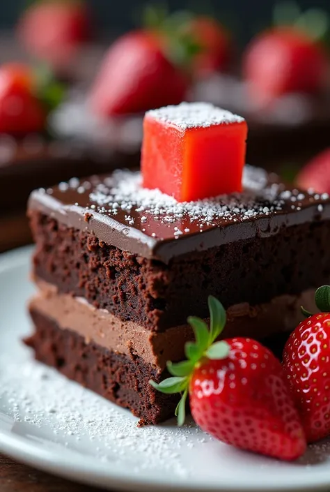 A chocolate cake with strawberry and strawberry square 
