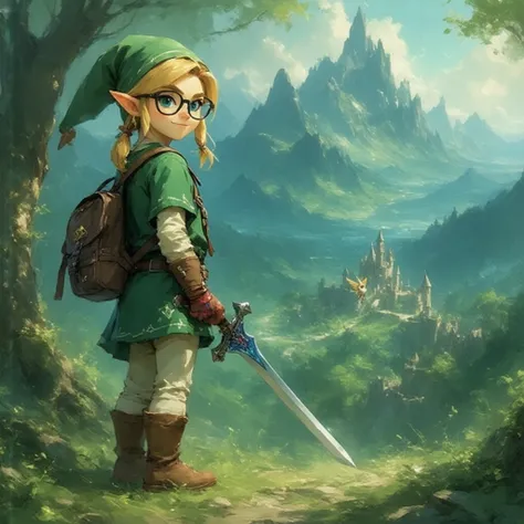 A young girl  (nerd)  disguised as the character of Zelda Link.
