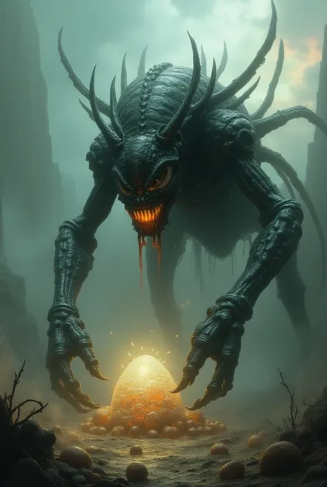 Giant alien laying several eggs