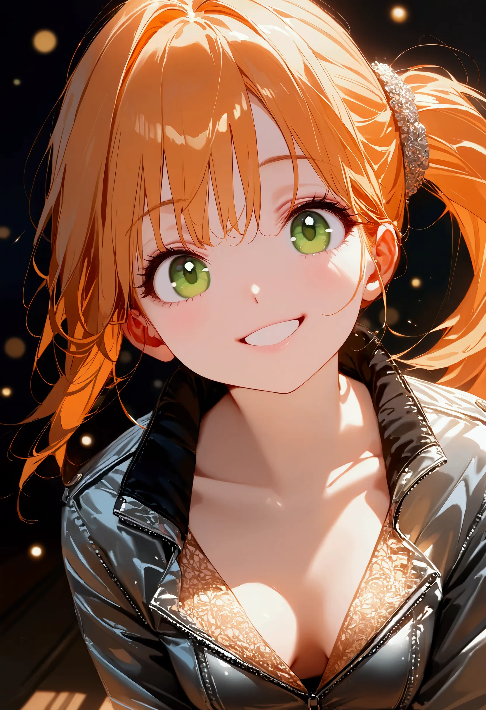 @タカヒロ, 1girl\(cute,orange hair,riders jacket,small breasts,shining green eyes, big eyes,side ponytail,,(big smile),beautiful smi...