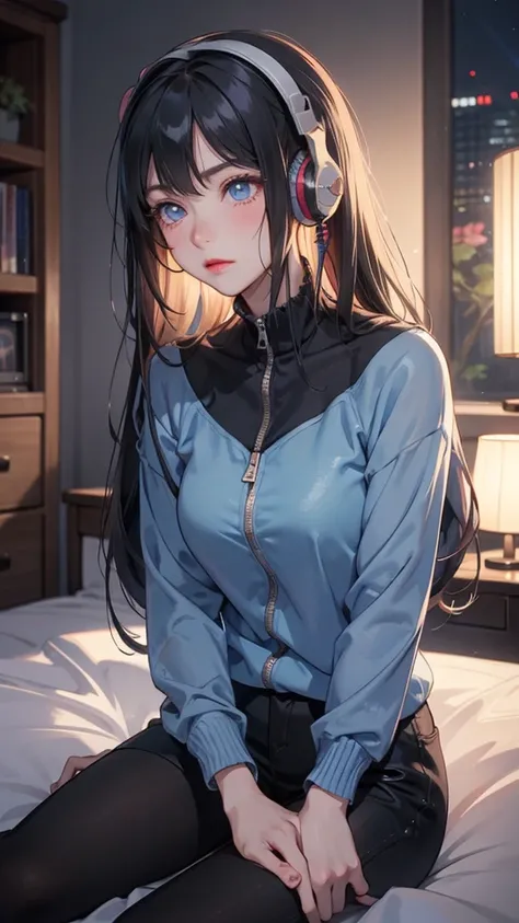 Girl listening to music in a cozy room at night, Using headphones, 2D Anime style, Lo-fi, Hard Disk, Dark environment, Long Hair, Blush, Blue eyes, 