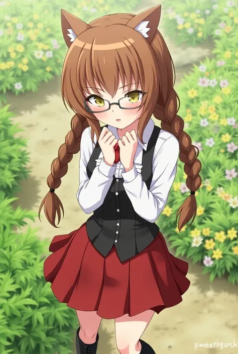 masterpiece,  best quality ,  ultra-detailed , hires, Beautiful,  detailed hair and eyes, 1girl, One,  brown hair ,  glasses , two braids, yellow eyes,   looking at the viewer ,  розовые glasses в оправе,  green eyes ,  Ike Kiryu dxd ,   , (dxd :1.6), , sk...