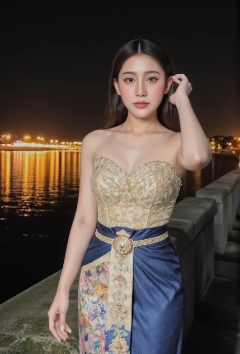 ((Best quality)),((8K)), portrait,A photo of an Thai woman wearing Thai traditional dress, Chut Thai, standing, river side , night,