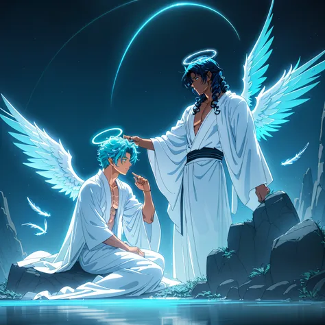 masterpiece, best quality, highly detailed, digital art, anime style, male angel, dark-skinned male, curly blue hair, white flowing robes, ethereal glowing cyan wings, halo, sitting pose, side view, muscular build, arm bands, dramatic lighting, dark backgr...