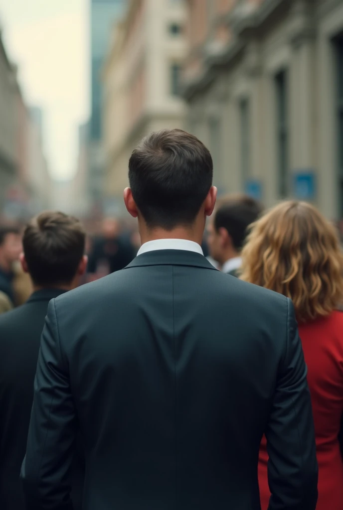 Several ordinary people looking at a single man in a suit from afar, these people are wearing casual clothes, he is a politician and the people are the people, deal with the vigilance that the people have to have with politicians in this image