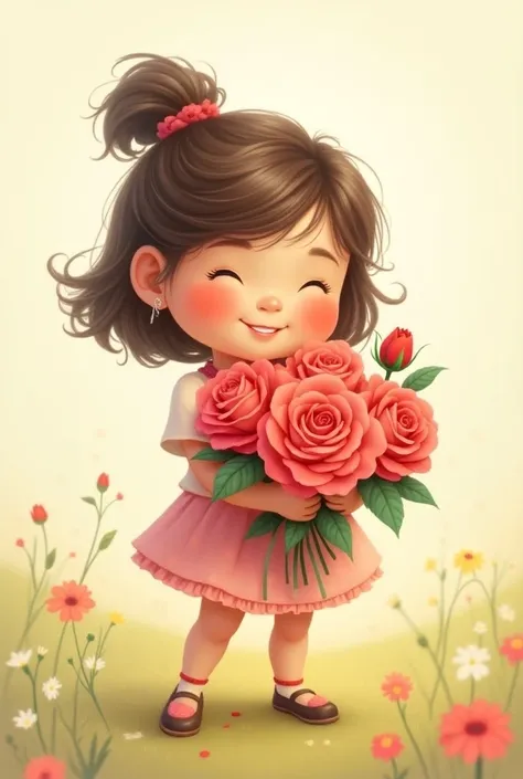 JIBI CARTOON GIRL HUGGING BOUQUET OF ROSES