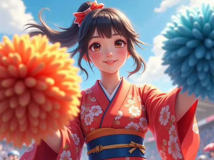 Beautiful girl in a yukata holding pompoms held by a cheerleader