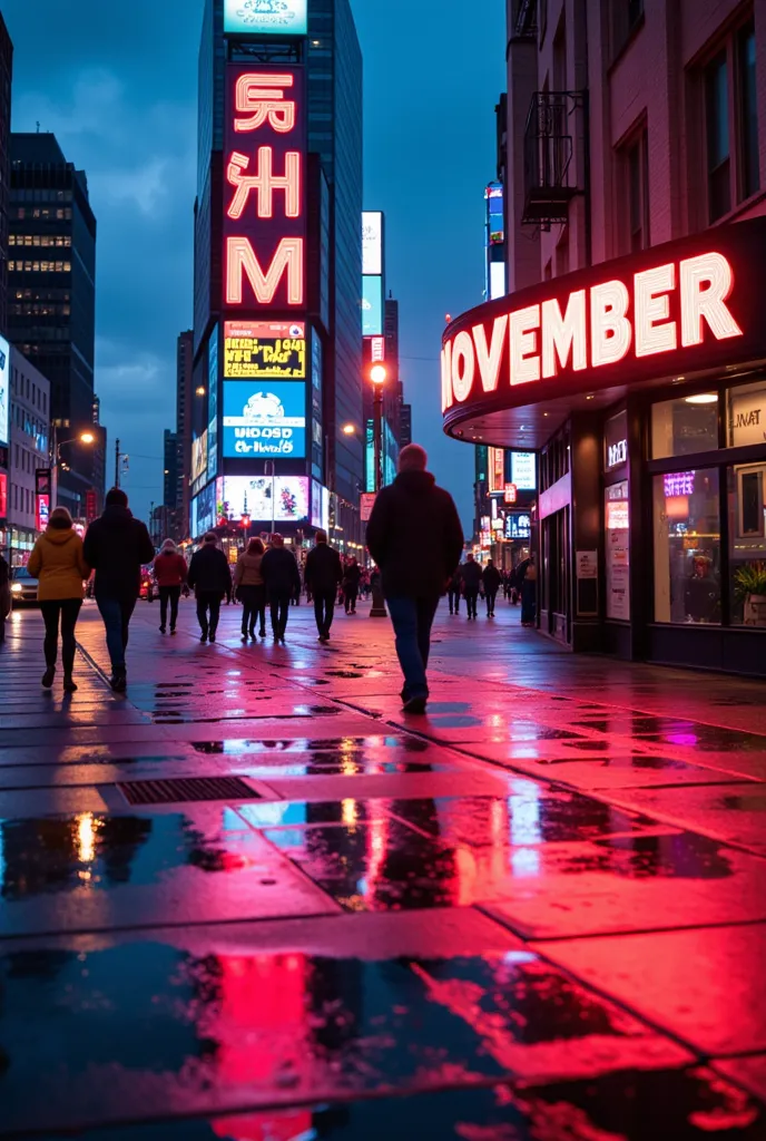 neon curvature text "novemeber" a vibrant neon-lit street scene at dusk on a chilly november evening. the camera captures the dy...