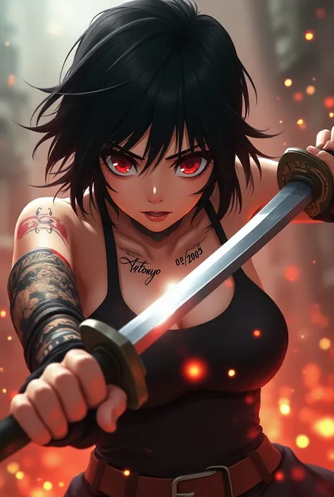  A Brazilian anime woman with slightly short black hair and red eyes and a tattoo with the name Antonyo with a tattoo on her neck 02/01/2005 in a sword fight against another  